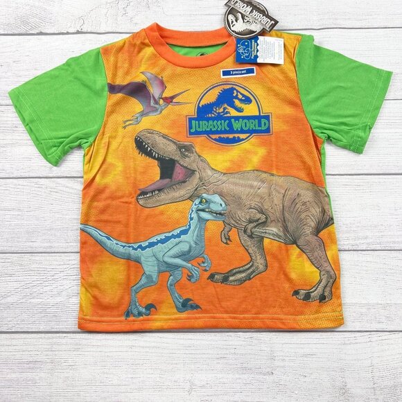 Jurassic World Boys Pajamas 3pc Set Dinosaur Sleepwear Shirt Tank Pants NWT 8 - Picture 2 of 8